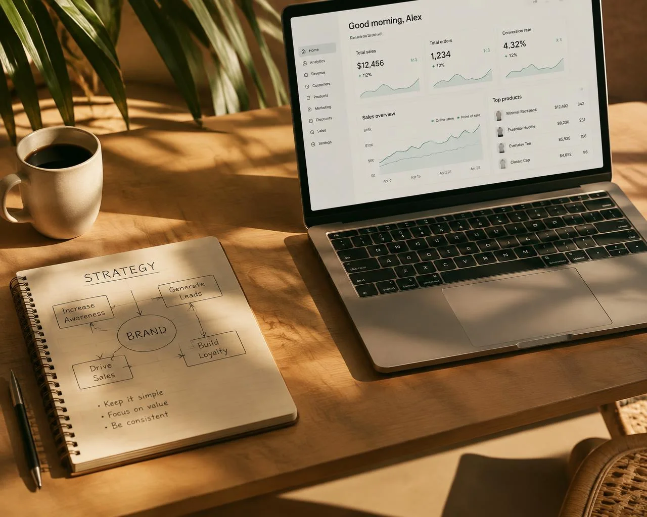 Laptop y cuaderno con un esquema de estrategia sobre un escritorio de madera con luz natural